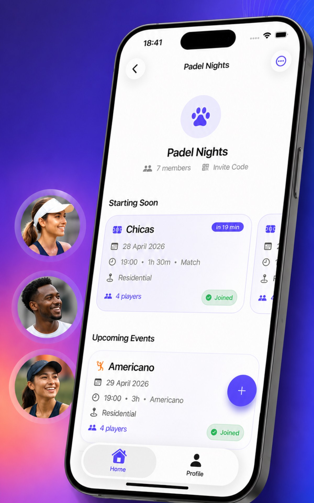 Padel Dodo home screen showing private group activity